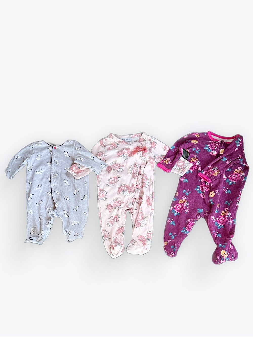 Feminine Girly Trio of One-Piece Sleepers Playwear ~ 3 mo & 3-6 mos.